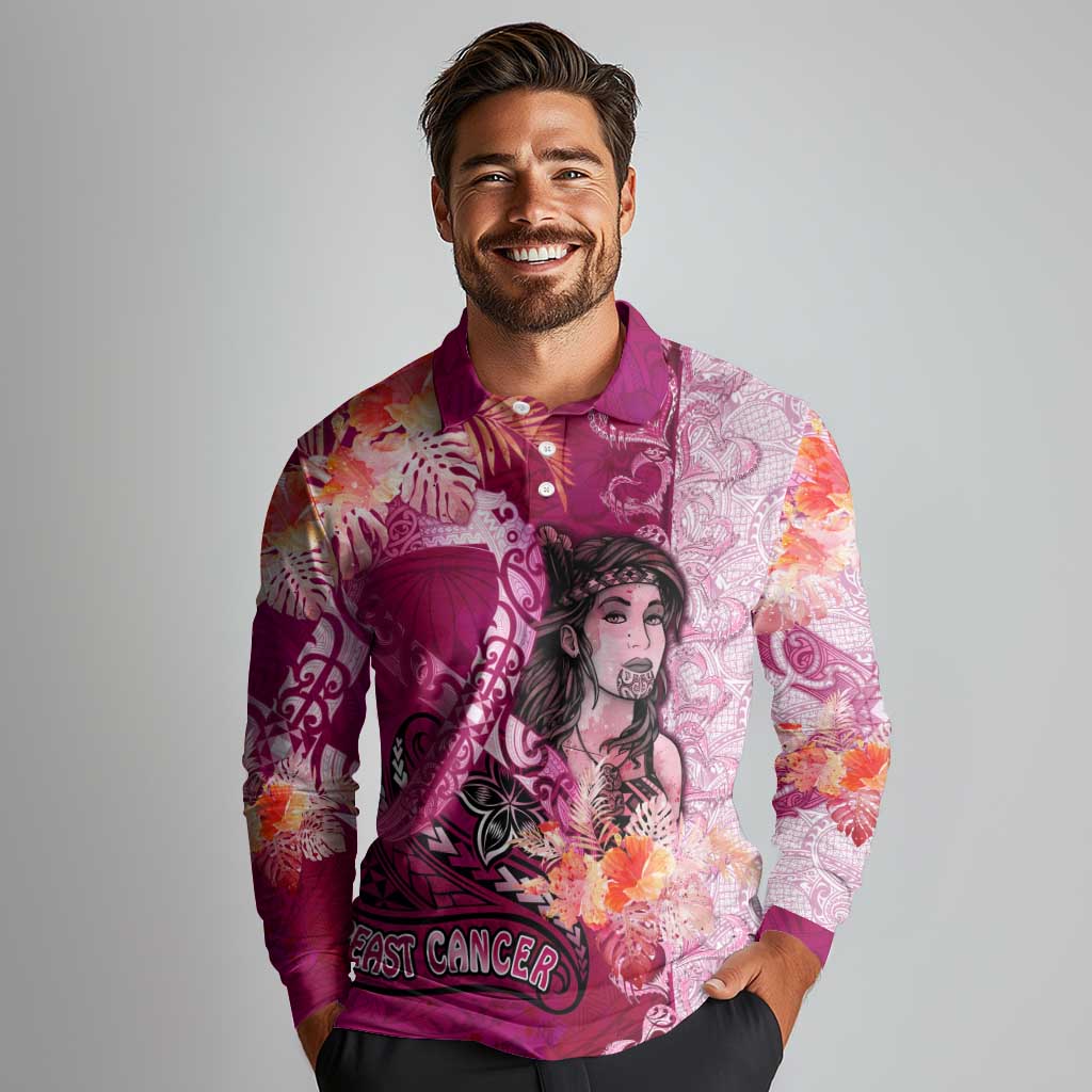 Breast Cancer New Zealand Long Sleeve Polo Shirt Maori Aotearoa Girl Pink Out DT02 - Polynesian Pride