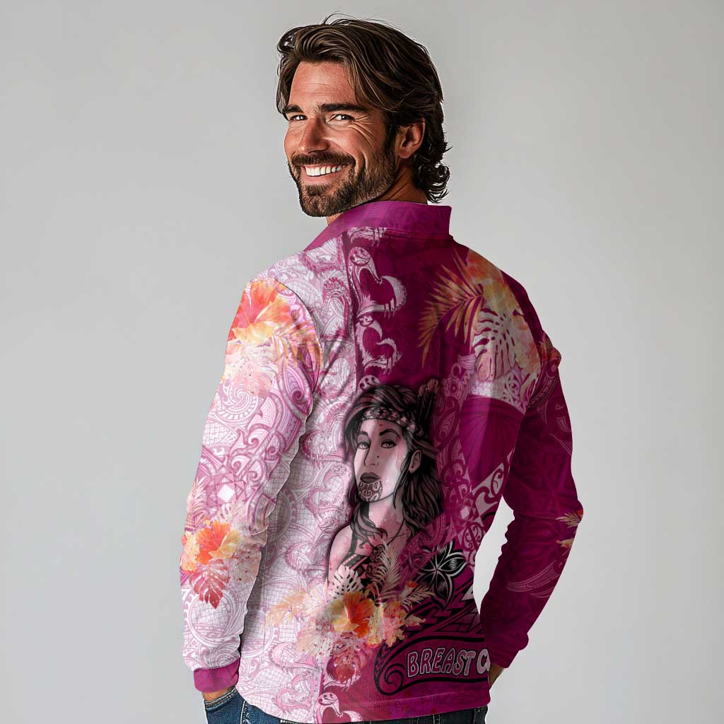 Breast Cancer New Zealand Long Sleeve Polo Shirt Maori Aotearoa Girl Pink Out DT02 - Polynesian Pride