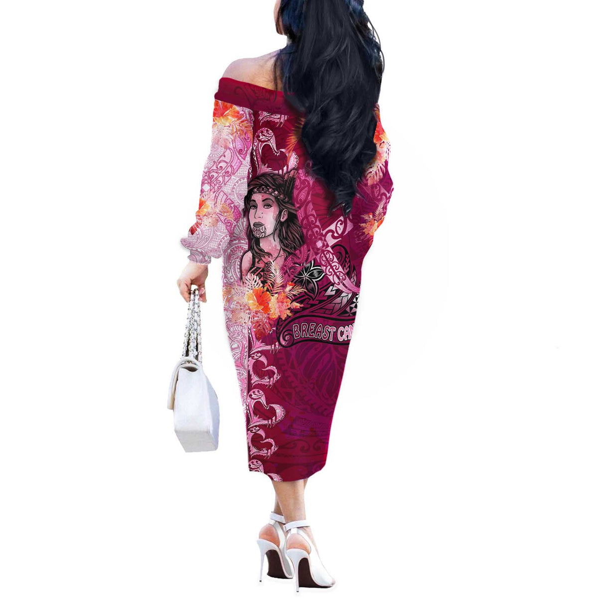Breast Cancer New Zealand Off The Shoulder Long Sleeve Dress Maori Aotearoa Girl Pink Out DT02 - Polynesian Pride