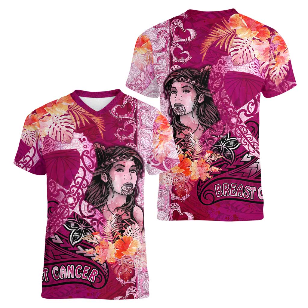 Breast Cancer New Zealand Women V-Neck T-Shirt Maori Aotearoa Girl Pink Out DT02 - Polynesian Pride