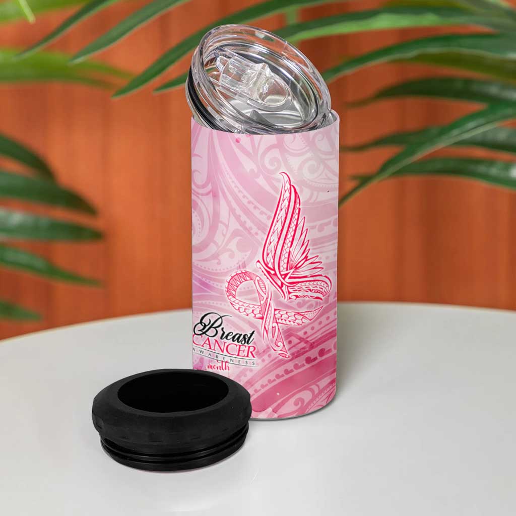 Breast Cancer Awareness Month 4 in 1 Can Cooler Tumbler Butterfly Polynesia Watercolor Pink DT02 - Polynesian Pride