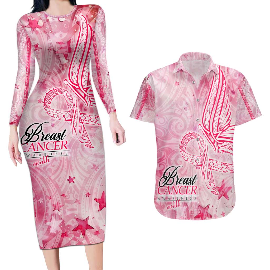 Breast Cancer Awareness Month Couples Matching Long Sleeve Bodycon Dress and Hawaiian Shirt Butterfly Polynesia Watercolor Pink DT02 Pink - Polynesian Pride