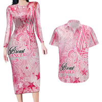 Breast Cancer Awareness Month Couples Matching Long Sleeve Bodycon Dress and Hawaiian Shirt Butterfly Polynesia Watercolor Pink DT02 Pink - Polynesian Pride