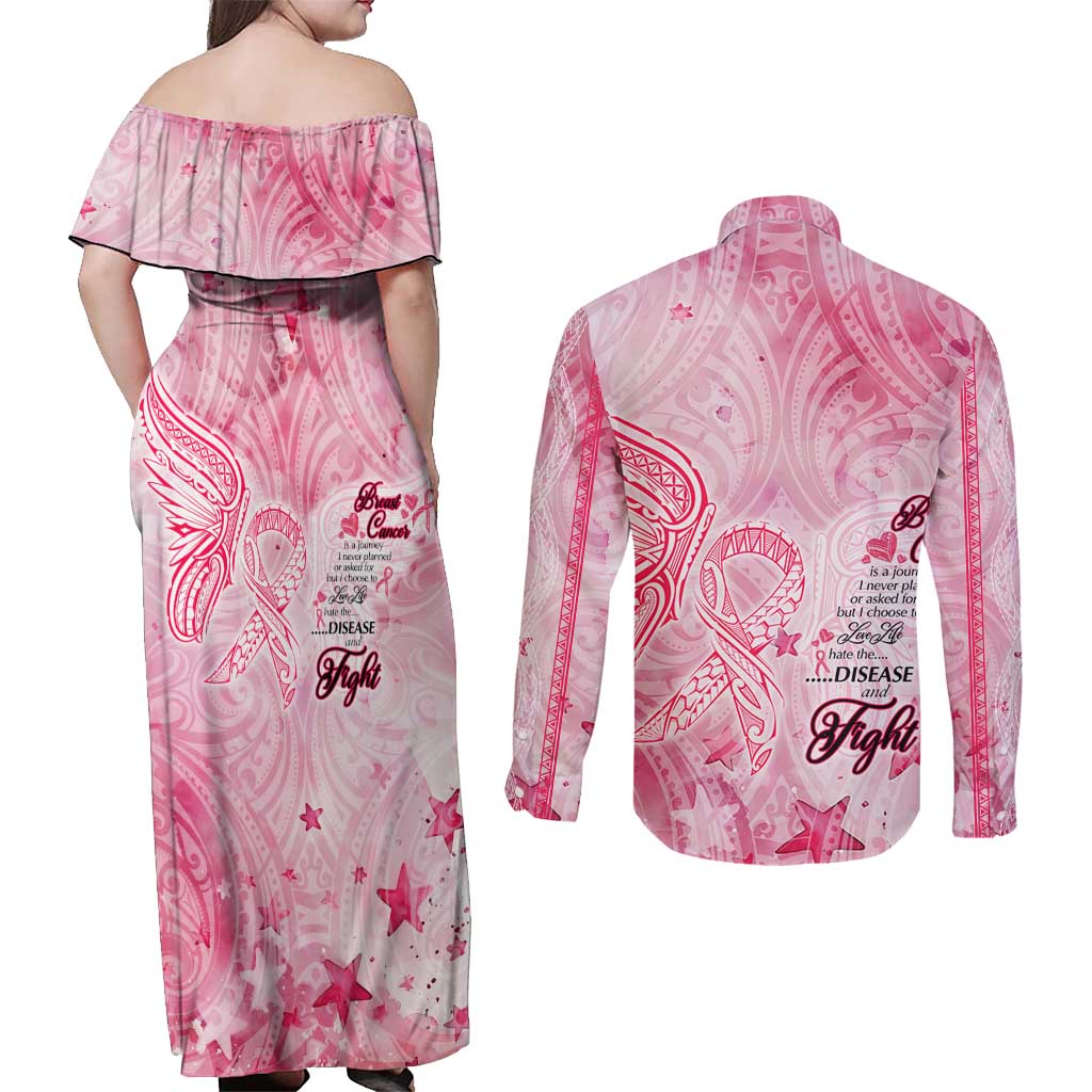 Breast Cancer Awareness Month Couples Matching Off Shoulder Maxi Dress and Long Sleeve Button Shirt Butterfly Polynesia Watercolor Pink