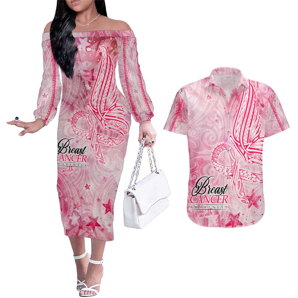 Breast Cancer Awareness Month Couples Matching Off The Shoulder Long Sleeve Dress and Hawaiian Shirt Butterfly Polynesia Watercolor Pink
