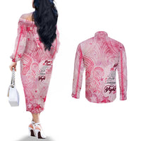 Breast Cancer Awareness Month Couples Matching Off The Shoulder Long Sleeve Dress and Long Sleeve Button Shirt Butterfly Polynesia Watercolor Pink DT02 - Polynesian Pride