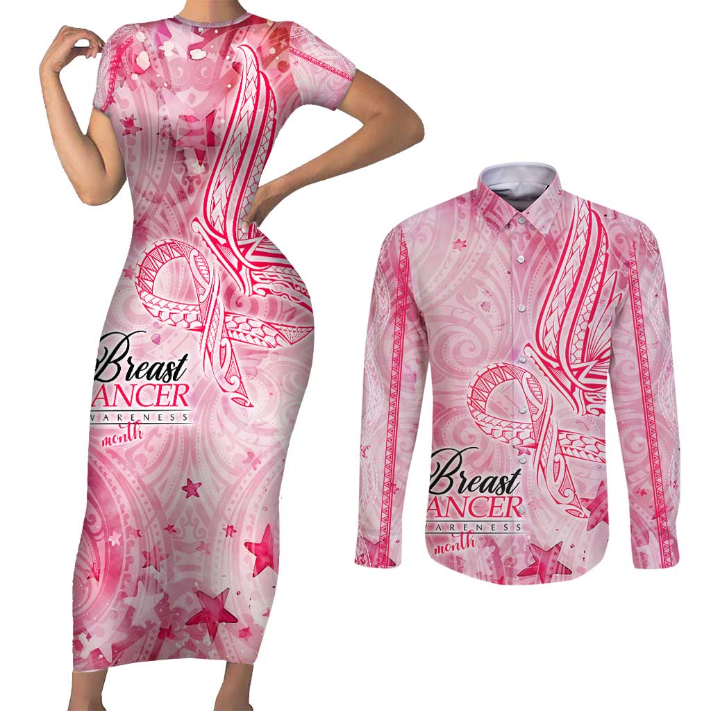 Breast Cancer Awareness Month Couples Matching Short Sleeve Bodycon Dress and Long Sleeve Button Shirt Butterfly Polynesia Watercolor Pink