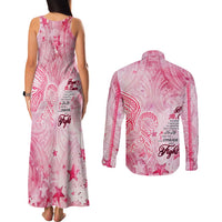 Breast Cancer Awareness Month Couples Matching Tank Maxi Dress and Long Sleeve Button Shirt Butterfly Polynesia Watercolor Pink