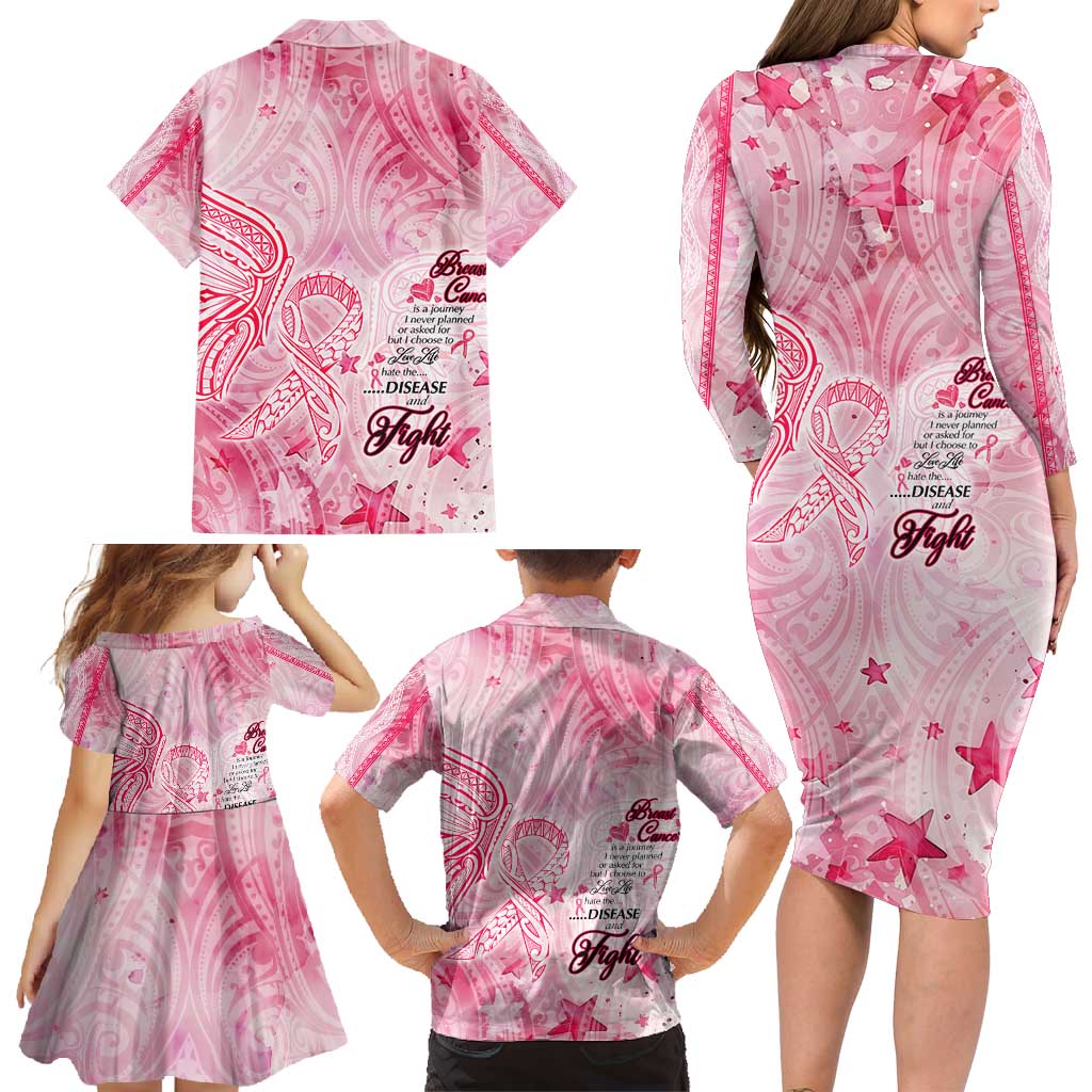 Breast Cancer Awareness Month Family Matching Long Sleeve Bodycon Dress and Hawaiian Shirt Butterfly Polynesia Watercolor Pink DT02 - Polynesian Pride