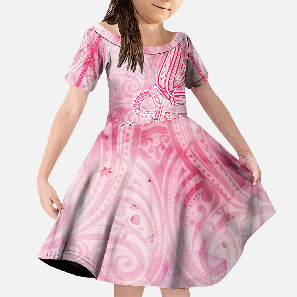 Breast Cancer Awareness Month Family Matching Mermaid Dress and Hawaiian Shirt Butterfly Polynesia Watercolor Pink DT02 Daughter's Dress Pink - Polynesian Pride