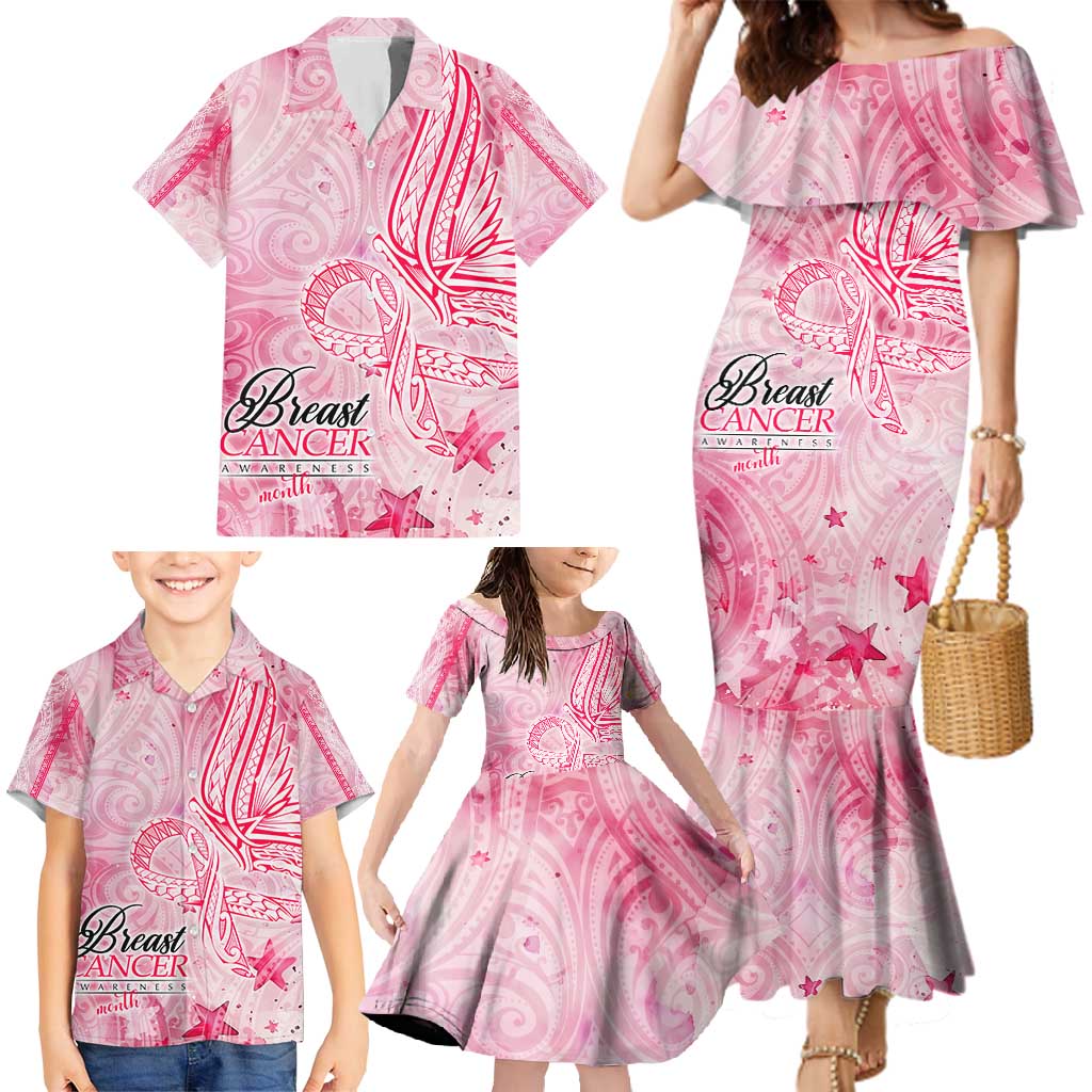 Breast Cancer Awareness Month Family Matching Mermaid Dress and Hawaiian Shirt Butterfly Polynesia Watercolor Pink