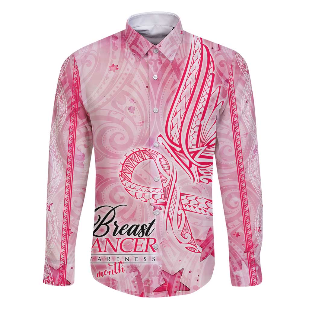 Breast Cancer Awareness Month Family Matching Mermaid Dress and Hawaiian Shirt Butterfly Polynesia Watercolor Pink DT02 Dad's Shirt - Long Sleeve Pink - Polynesian Pride