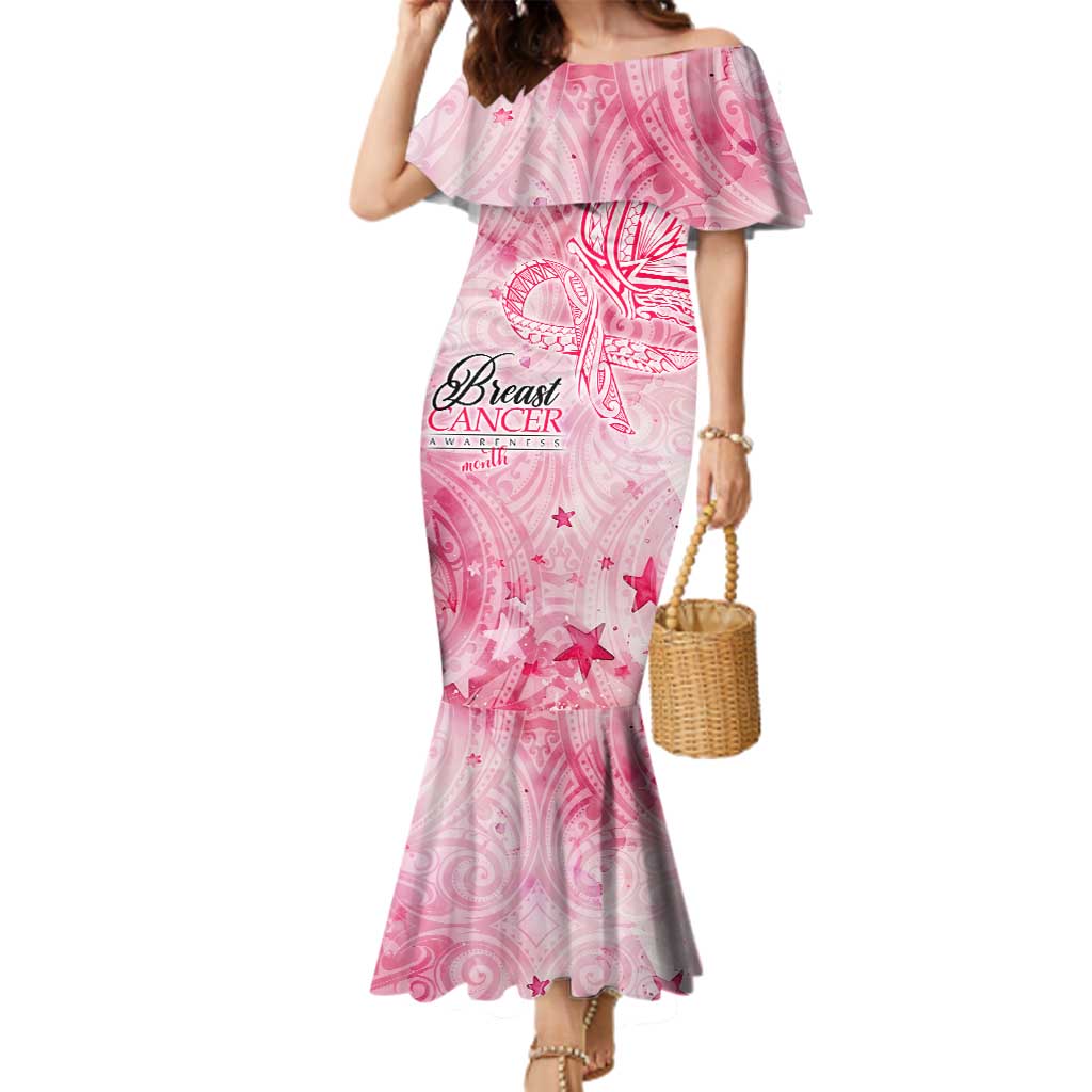 Breast Cancer Awareness Month Family Matching Mermaid Dress and Hawaiian Shirt Butterfly Polynesia Watercolor Pink DT02 Mom's Dress Pink - Polynesian Pride