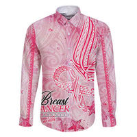 Breast Cancer Awareness Month Family Matching Off Shoulder Maxi Dress and Hawaiian Shirt Butterfly Polynesia Watercolor Pink DT02 Dad's Shirt - Long Sleeve Pink - Polynesian Pride