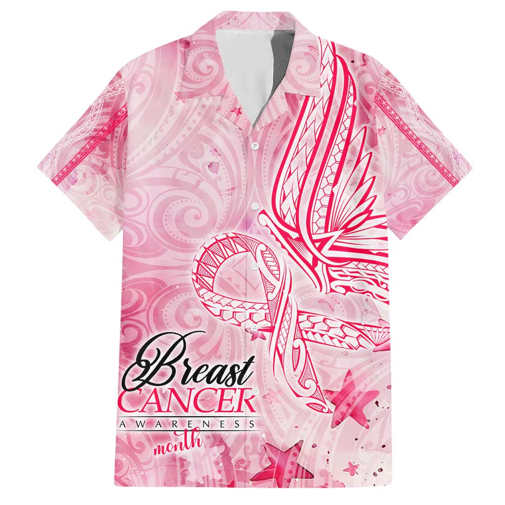 Breast Cancer Awareness Month Family Matching Short Sleeve Bodycon Dress and Hawaiian Shirt Butterfly Polynesia Watercolor Pink