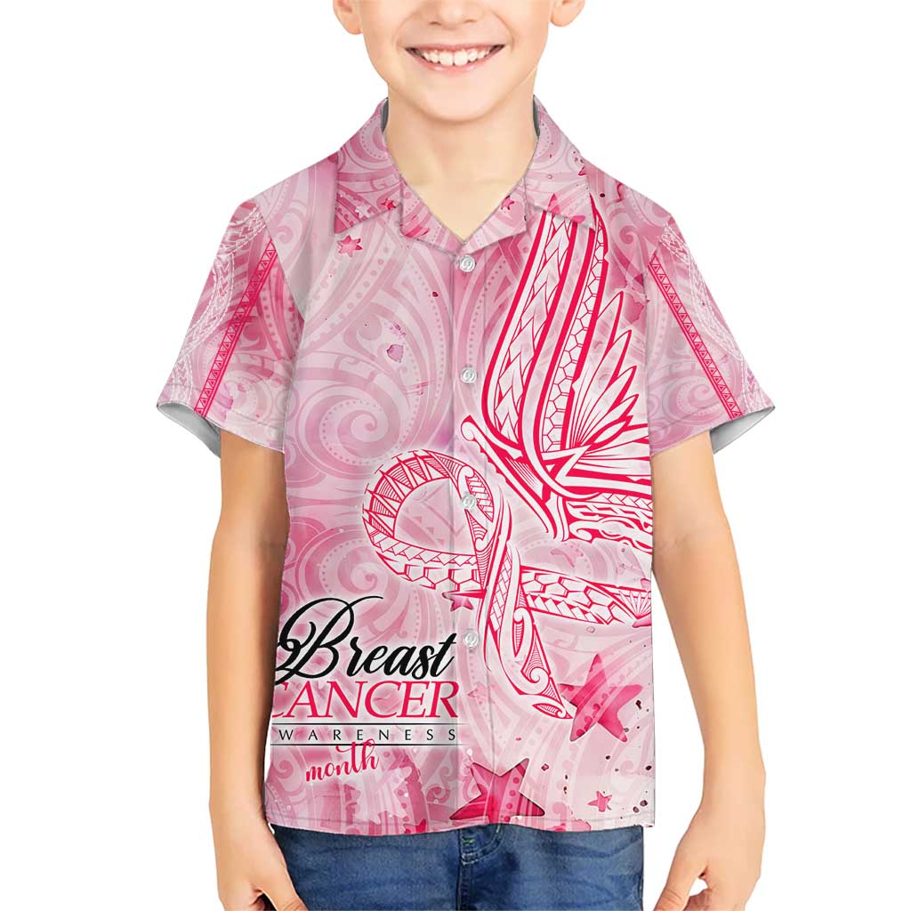 Breast Cancer Awareness Month Kid Hawaiian Shirt Butterfly Polynesia Watercolor Pink