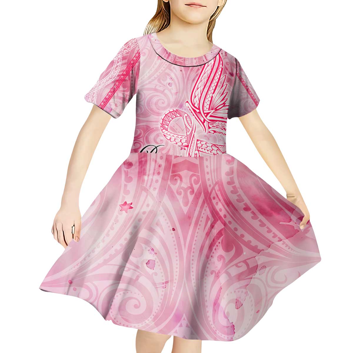 Breast Cancer Awareness Month Kid Short Sleeve Dress Butterfly Polynesia Watercolor Pink