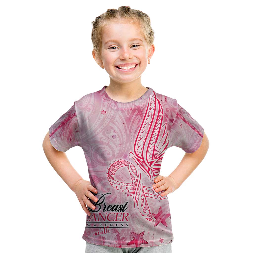 Breast Cancer Awareness Month Kid T Shirt Butterfly Polynesia Watercolor Pink