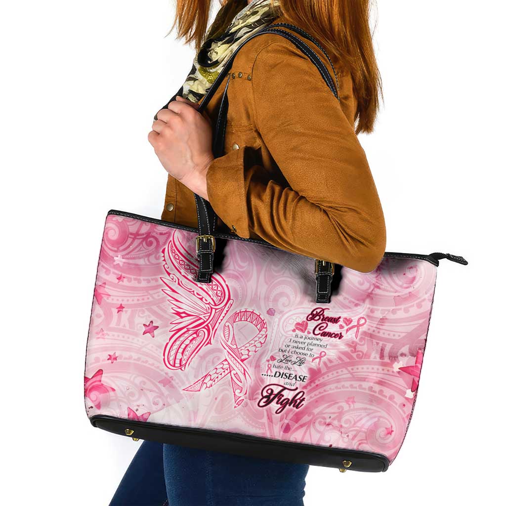 Breast Cancer Awareness Month Leather Tote Bag Butterfly Polynesia Watercolor Pink