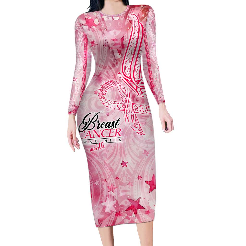 Breast Cancer Awareness Month Long Sleeve Bodycon Dress Butterfly Polynesia Watercolor Pink DT02 Long Dress Pink - Polynesian Pride