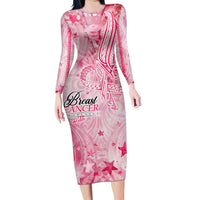 Breast Cancer Awareness Month Long Sleeve Bodycon Dress Butterfly Polynesia Watercolor Pink DT02 Long Dress Pink - Polynesian Pride