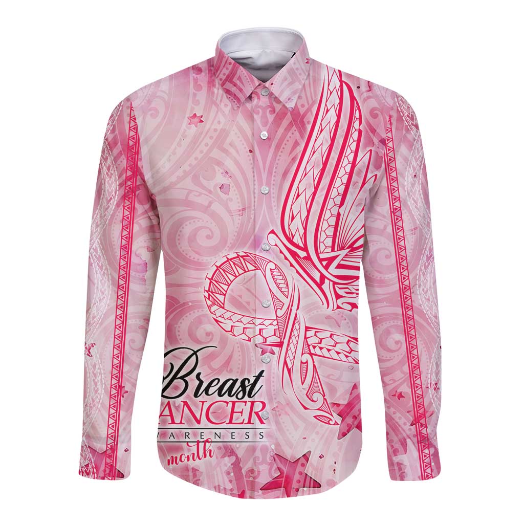 Breast Cancer Awareness Month Long Sleeve Button Shirt Butterfly Polynesia Watercolor Pink