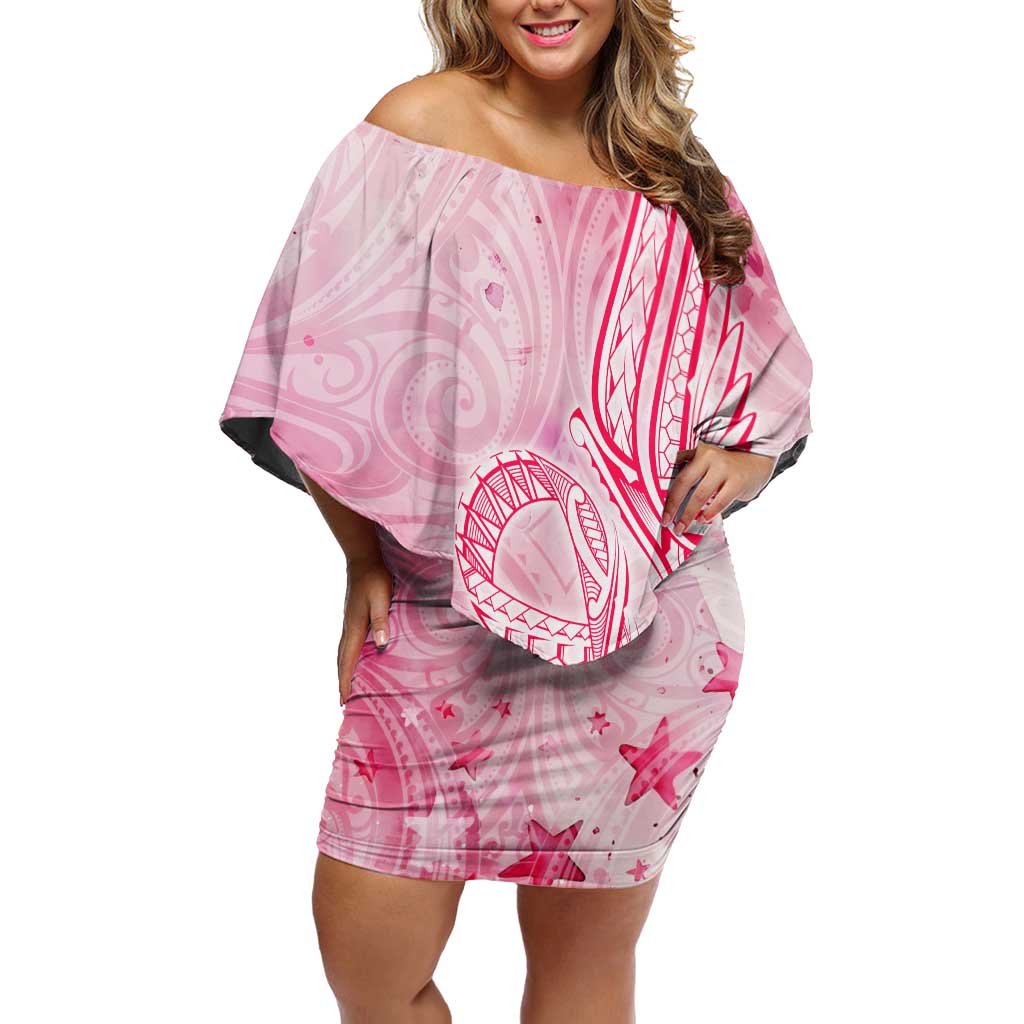 Breast Cancer Awareness Month Off Shoulder Short Dress Butterfly Polynesia Watercolor Pink