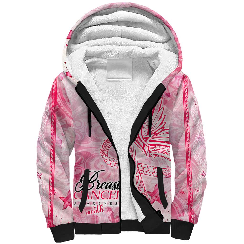 Breast Cancer Awareness Month Sherpa Hoodie Butterfly Polynesia Watercolor Pink
