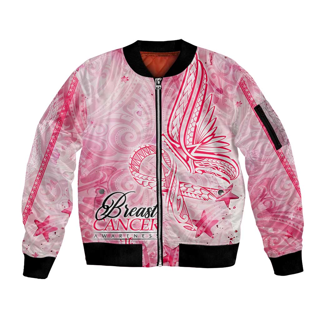 Breast Cancer Awareness Month Sleeve Zip Bomber Jacket Butterfly Polynesia Watercolor Pink