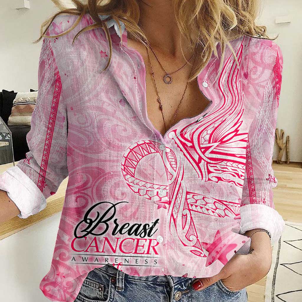 Breast Cancer Awareness Month Women Casual Shirt Butterfly Polynesia Watercolor Pink
