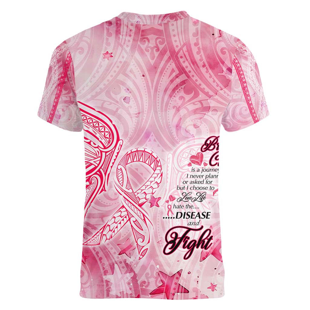 Breast Cancer Awareness Month Women V-Neck T-Shirt Butterfly Polynesia Watercolor Pink