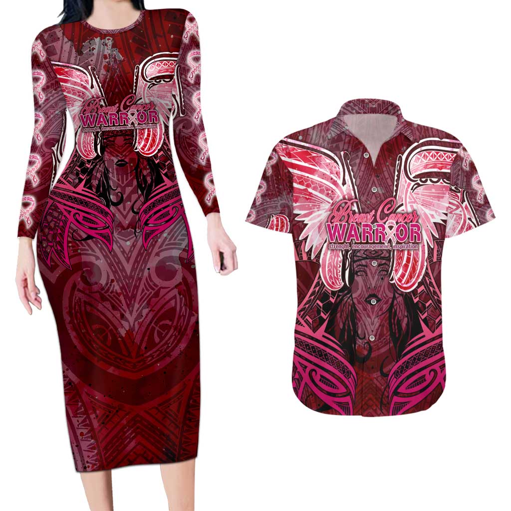 Breast Cancer Warrior Couples Matching Long Sleeve Bodycon Dress and Hawaiian Shirt Angel Wings Polynesian Pattern DT02 Pink - Polynesian Pride