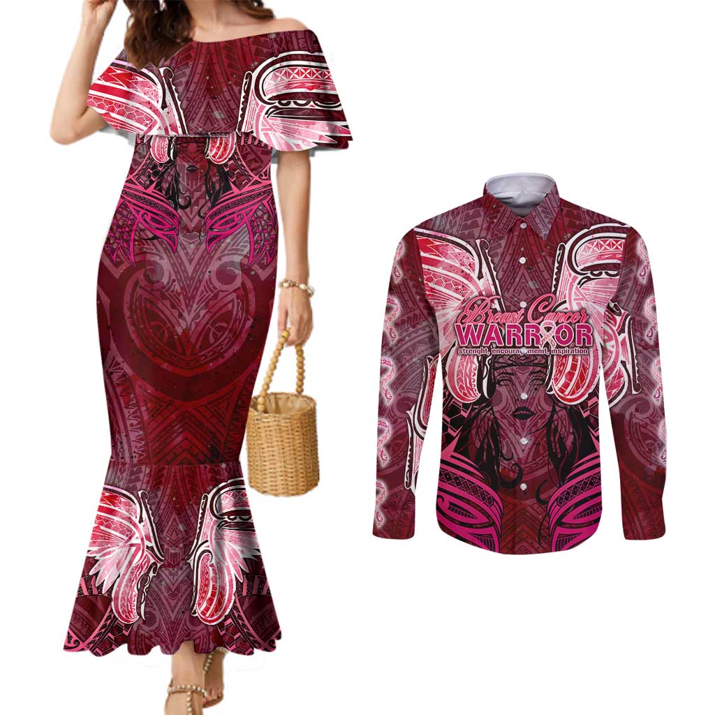 Breast Cancer Warrior Couples Matching Mermaid Dress and Long Sleeve Button Shirt Angel Wings Polynesian Pattern DT02 Pink - Polynesian Pride