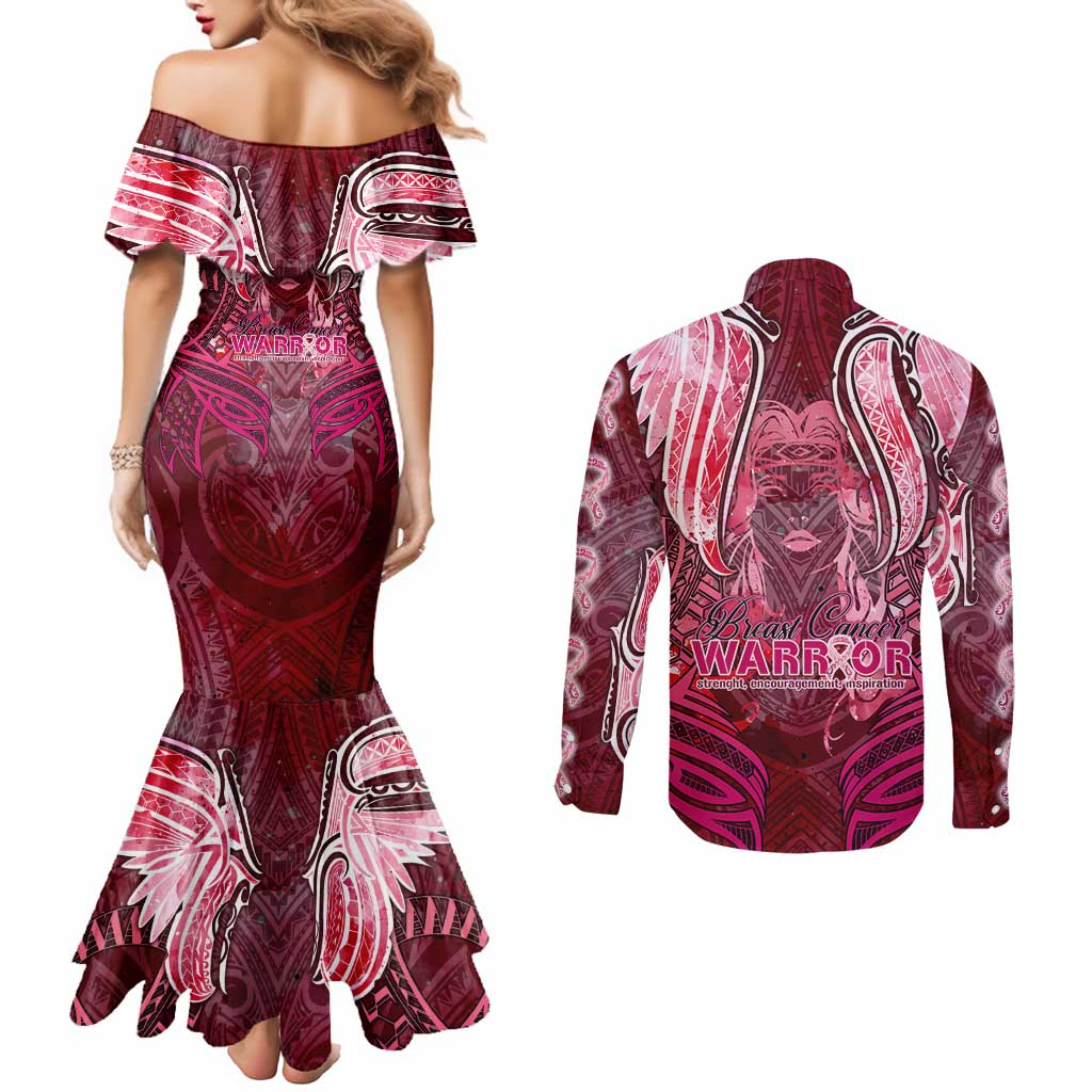 Breast Cancer Warrior Couples Matching Mermaid Dress and Long Sleeve Button Shirt Angel Wings Polynesian Pattern DT02 - Polynesian Pride