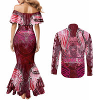 Breast Cancer Warrior Couples Matching Mermaid Dress and Long Sleeve Button Shirt Angel Wings Polynesian Pattern DT02 - Polynesian Pride