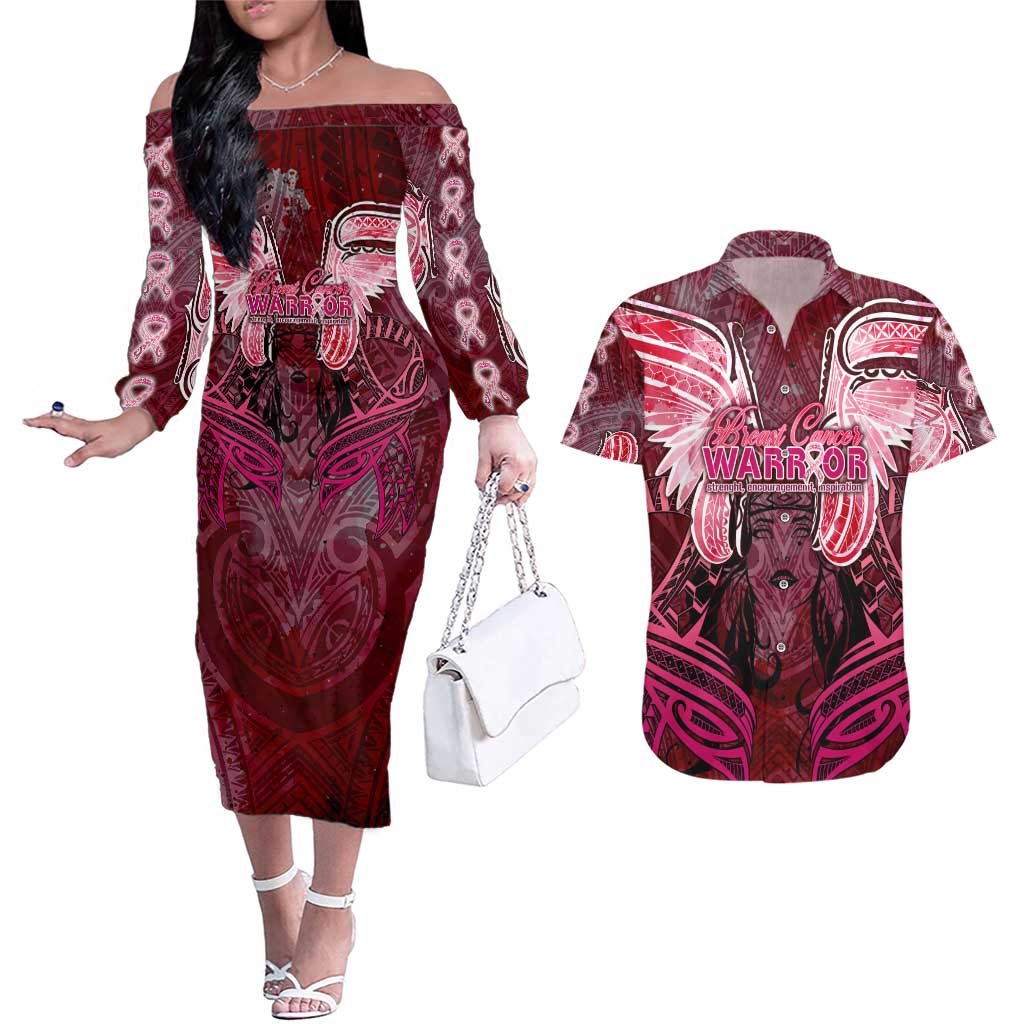 Breast Cancer Warrior Couples Matching Off The Shoulder Long Sleeve Dress and Hawaiian Shirt Angel Wings Polynesian Pattern DT02 Pink - Polynesian Pride