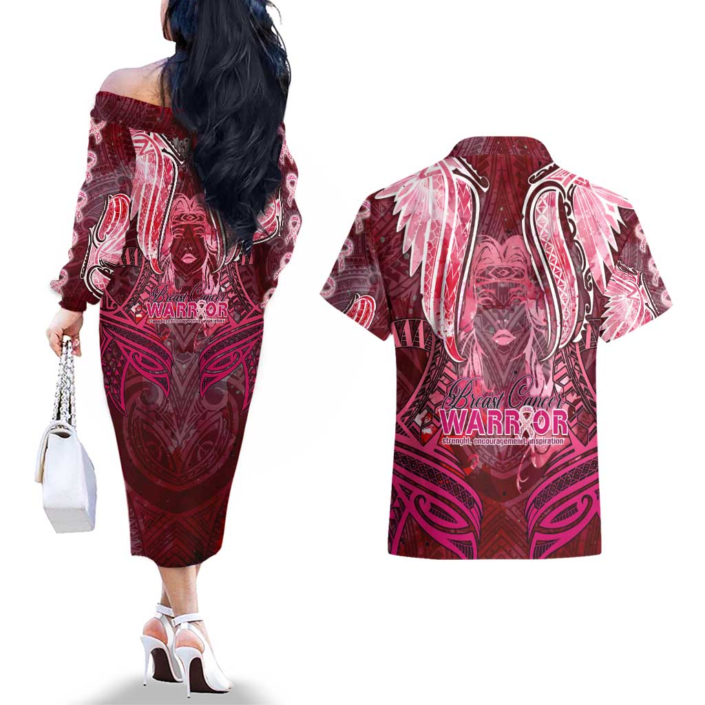 Breast Cancer Warrior Couples Matching Off The Shoulder Long Sleeve Dress and Hawaiian Shirt Angel Wings Polynesian Pattern DT02 - Polynesian Pride
