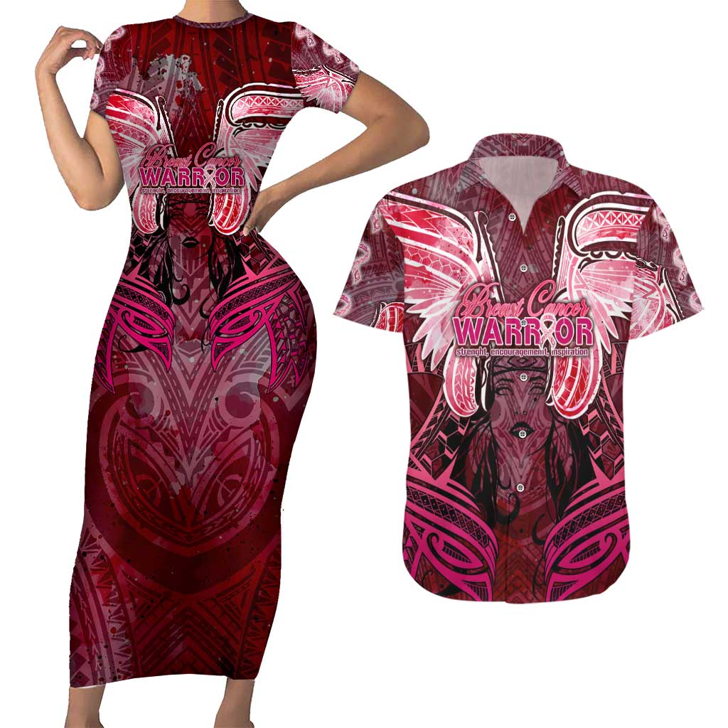 Breast Cancer Warrior Couples Matching Short Sleeve Bodycon Dress and Hawaiian Shirt Angel Wings Polynesian Pattern DT02 Pink - Polynesian Pride