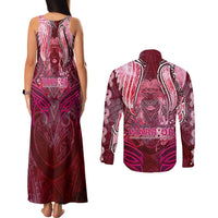 Breast Cancer Warrior Couples Matching Tank Maxi Dress and Long Sleeve Button Shirt Angel Wings Polynesian Pattern