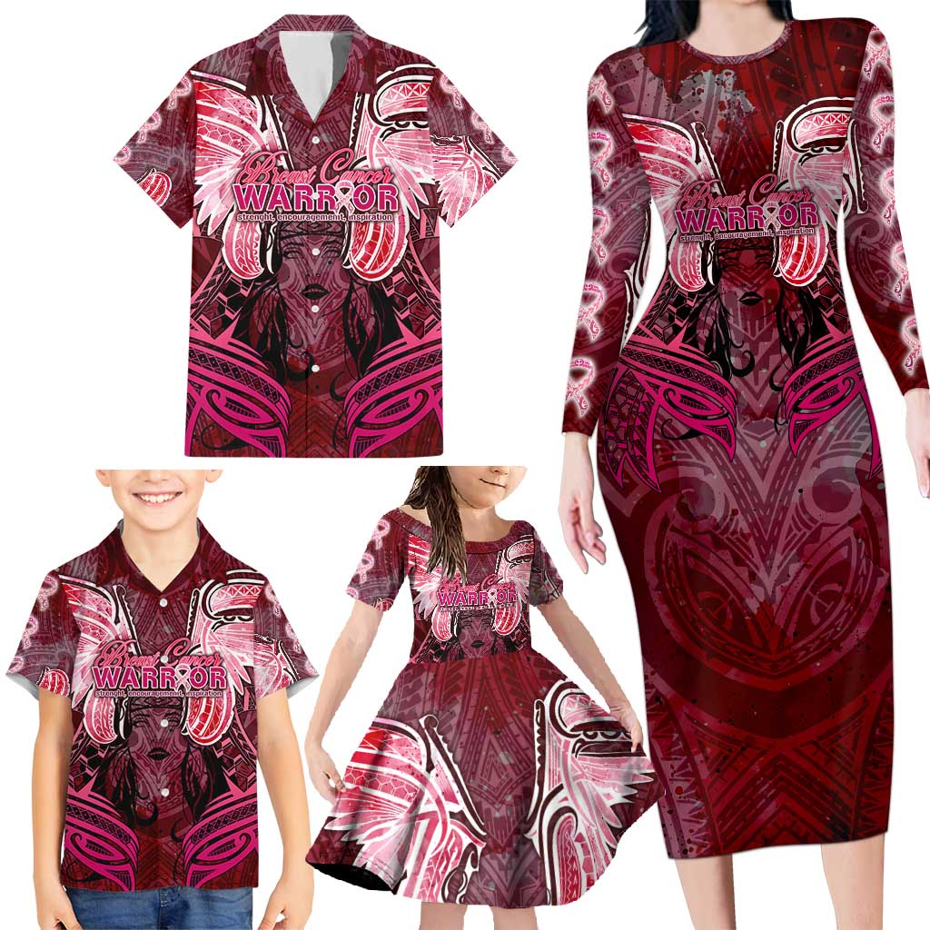 Breast Cancer Warrior Family Matching Long Sleeve Bodycon Dress and Hawaiian Shirt Angel Wings Polynesian Pattern DT02 - Polynesian Pride