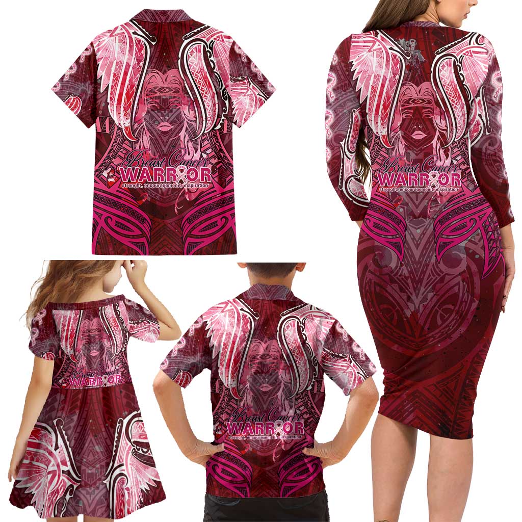 Breast Cancer Warrior Family Matching Long Sleeve Bodycon Dress and Hawaiian Shirt Angel Wings Polynesian Pattern DT02 - Polynesian Pride