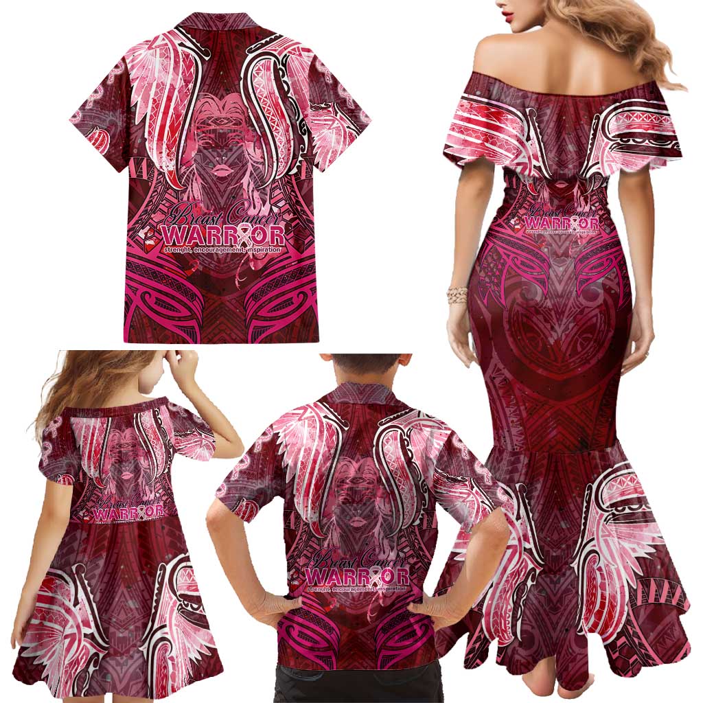 Breast Cancer Warrior Family Matching Mermaid Dress and Hawaiian Shirt Angel Wings Polynesian Pattern DT02 - Polynesian Pride