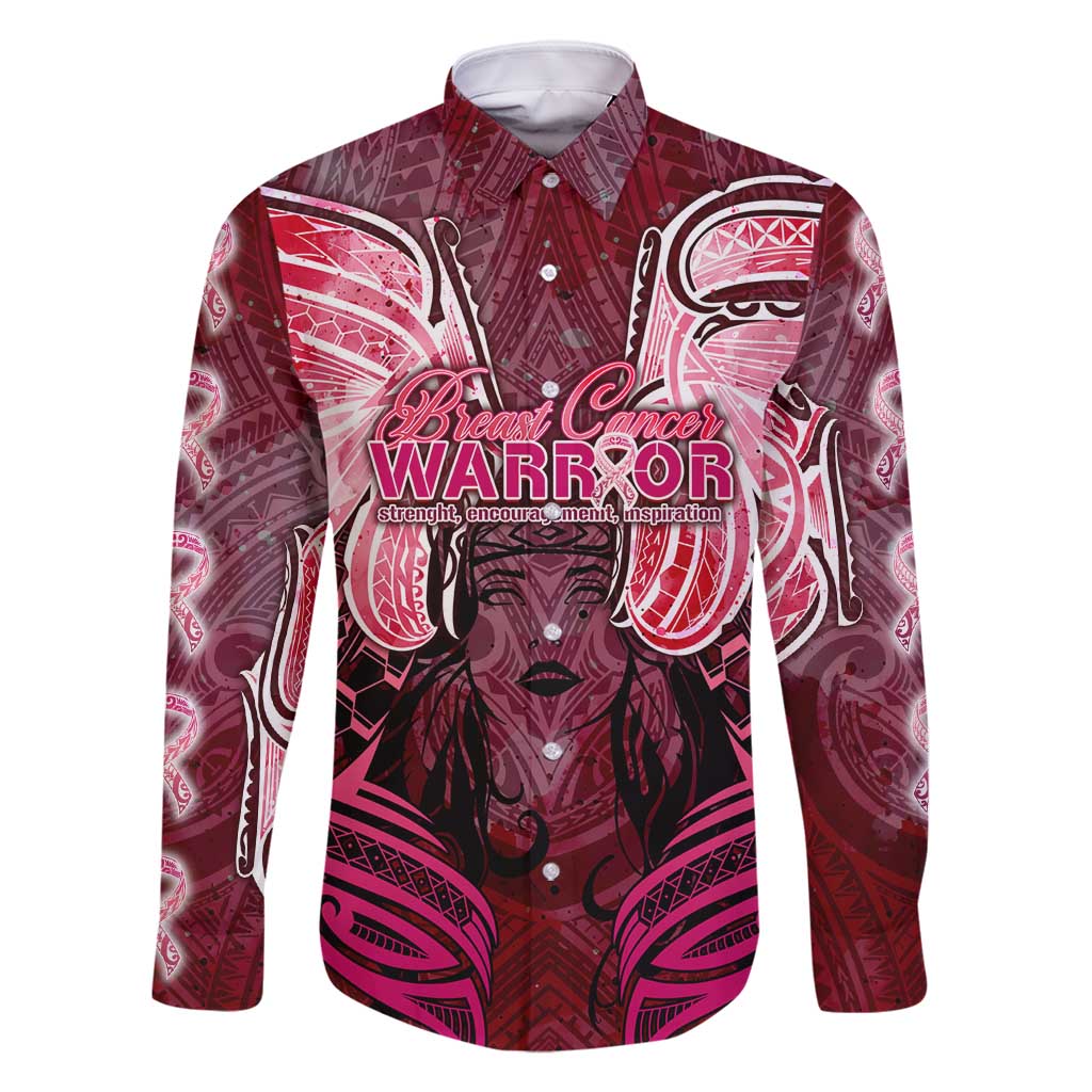 Breast Cancer Warrior Family Matching Mermaid Dress and Hawaiian Shirt Angel Wings Polynesian Pattern DT02 Dad's Shirt - Long Sleeve Pink - Polynesian Pride