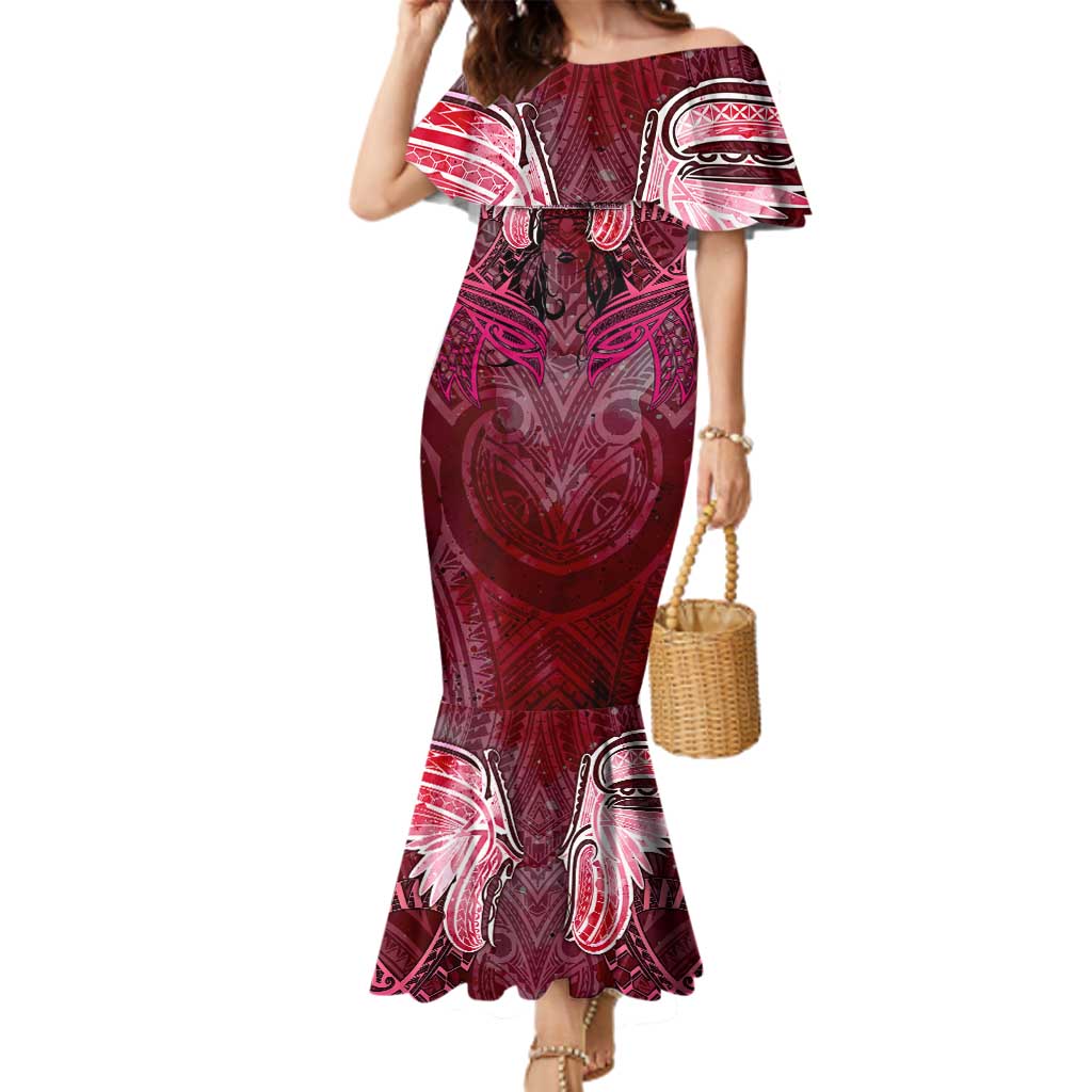 Breast Cancer Warrior Family Matching Mermaid Dress and Hawaiian Shirt Angel Wings Polynesian Pattern DT02 Mom's Dress Pink - Polynesian Pride