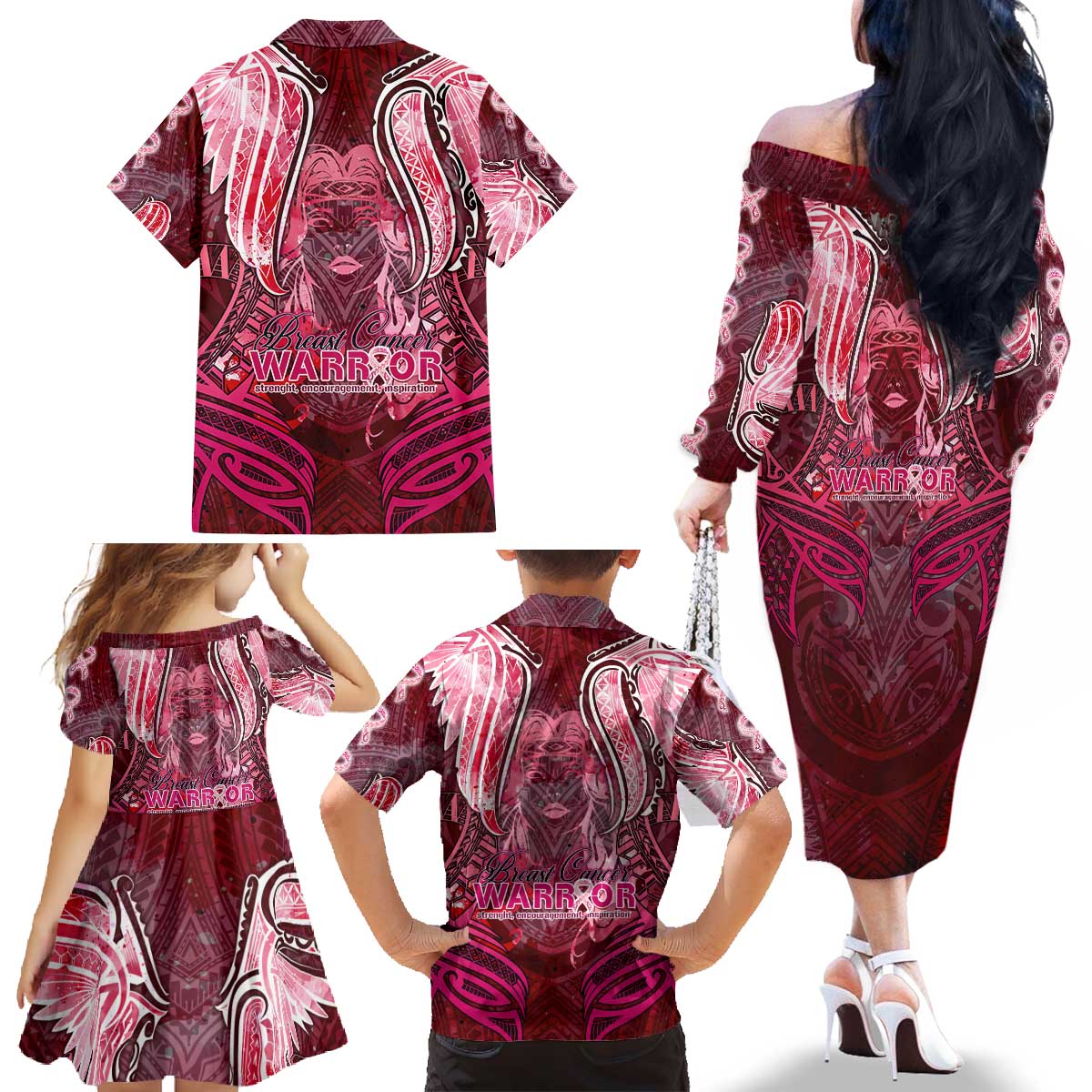 Breast Cancer Warrior Family Matching Off The Shoulder Long Sleeve Dress and Hawaiian Shirt Angel Wings Polynesian Pattern DT02 - Polynesian Pride