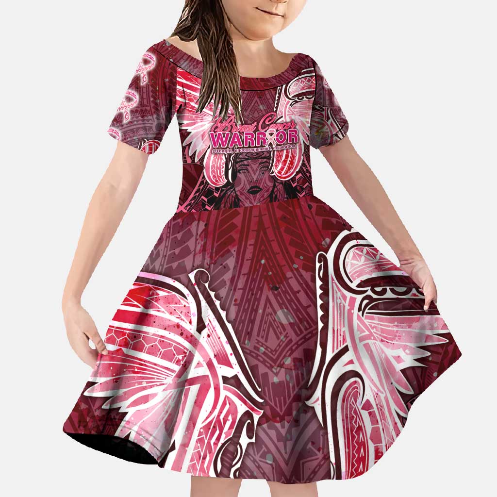 Breast Cancer Warrior Family Matching Off Shoulder Maxi Dress and Hawaiian Shirt Angel Wings Polynesian Pattern DT02 Daughter's Dress Pink - Polynesian Pride
