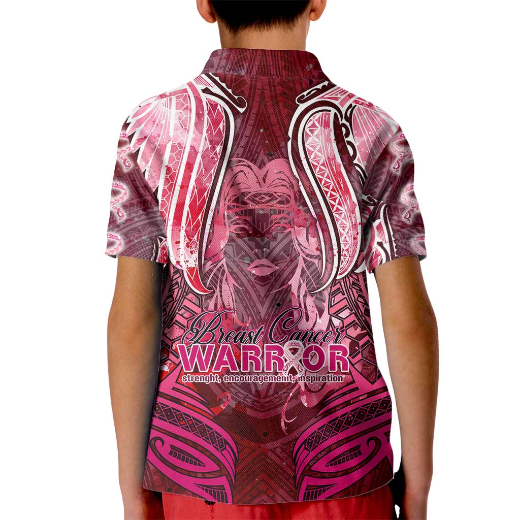 Breast Cancer Warrior Kid Polo Shirt Angel Wings Polynesian Pattern DT02 - Polynesian Pride