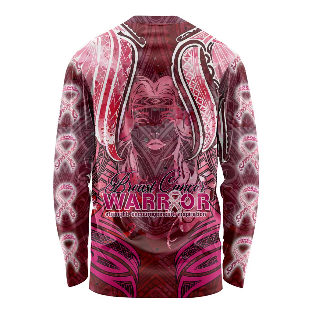 Breast Cancer Warrior Long Sleeve Shirt Angel Wings Polynesian Pattern