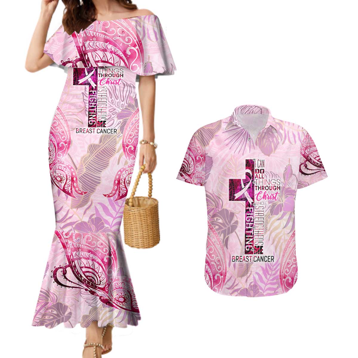 Breast Cancer Polynesian Couples Matching Mermaid Dress and Hawaiian Shirt I Can Do All Things Through Christ DT02 Pink - Polynesian Pride