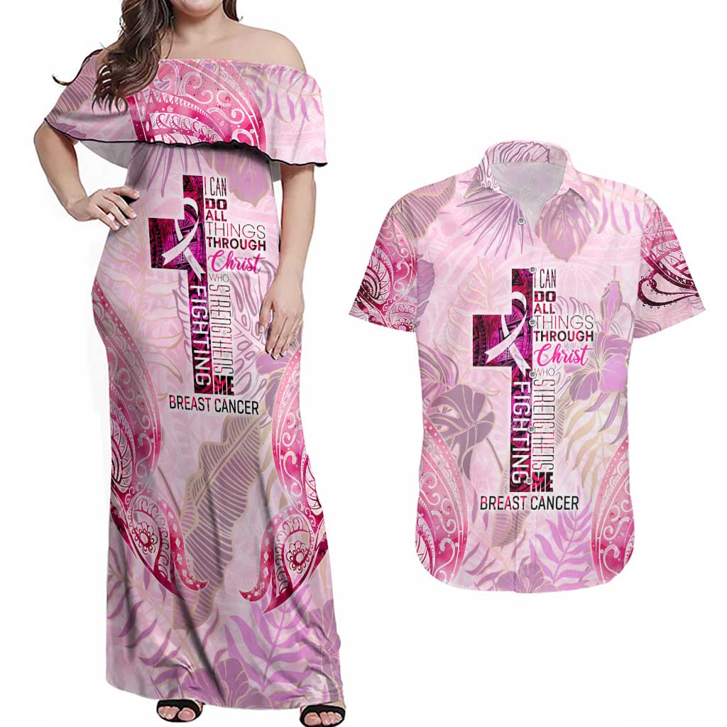 Breast Cancer Polynesian Couples Matching Off Shoulder Maxi Dress and Hawaiian Shirt I Can Do All Things Through Christ DT02 Pink - Polynesian Pride
